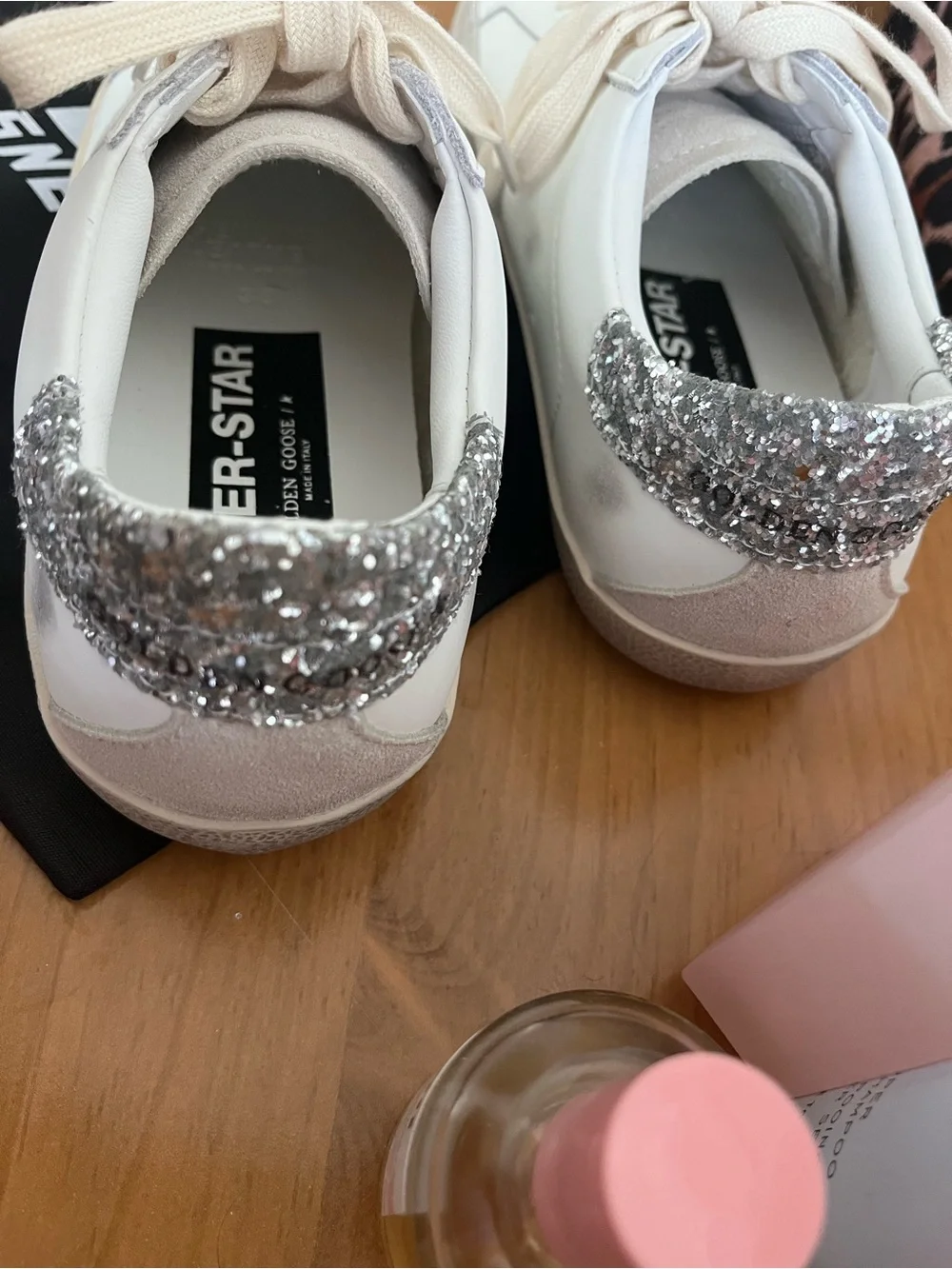 Golden Goose White Sneakers with Silver Glitter Heel and Gray Star